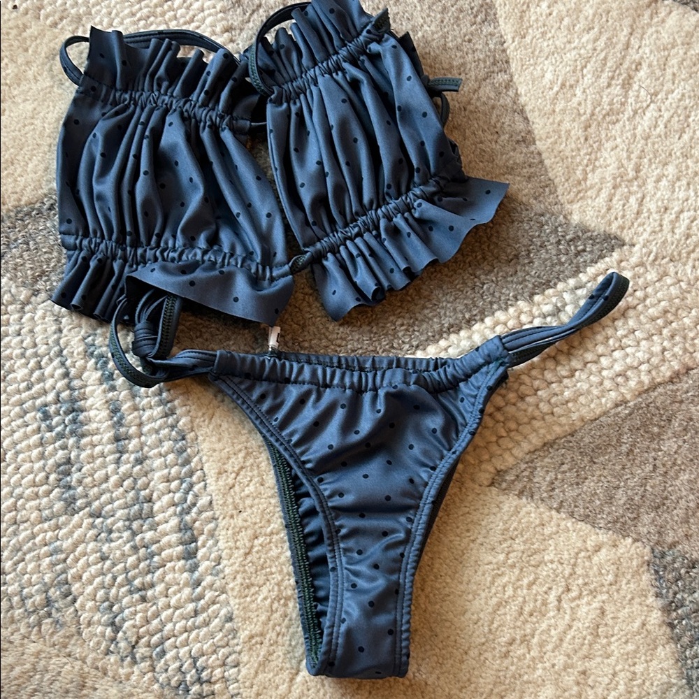 Brazilian Prime Polka Dot Ruffle Bandeau Bikini Set - Navy